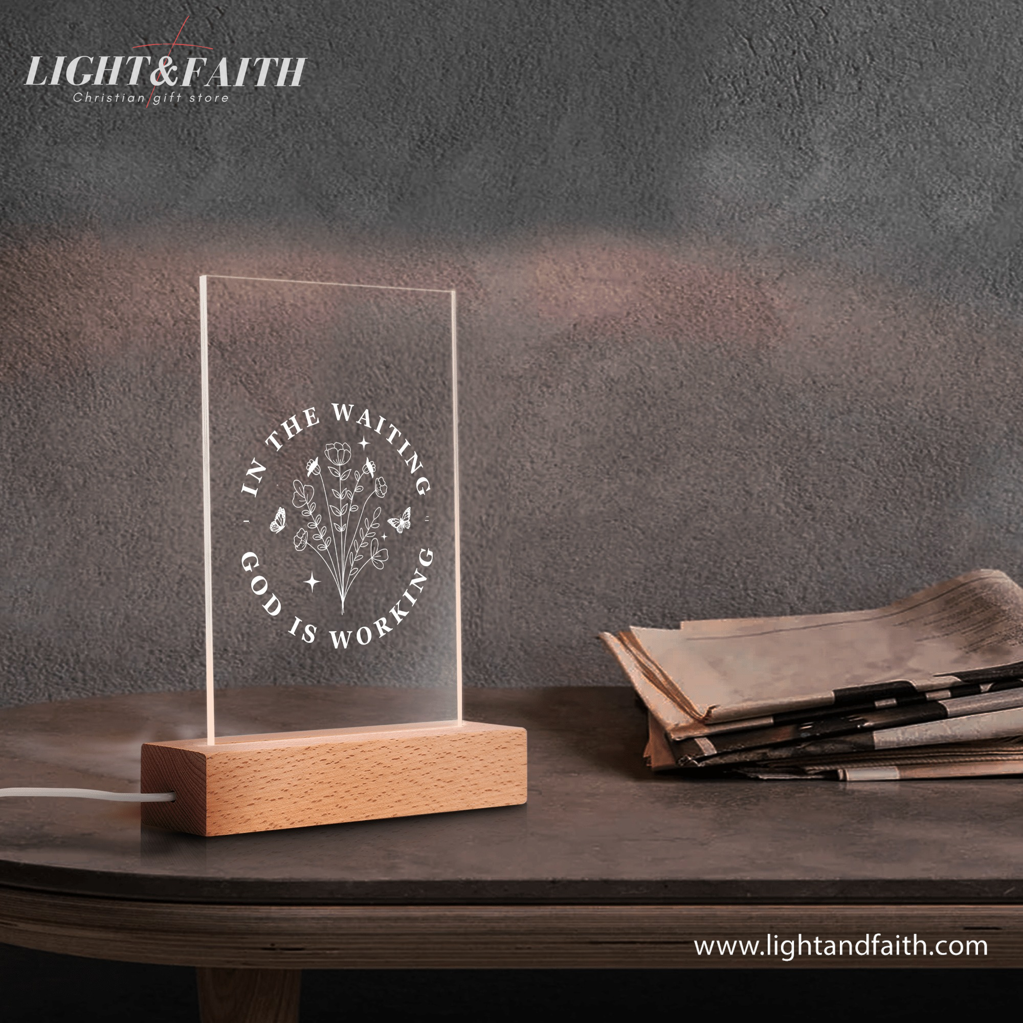 In The Waiting God Is Working LED Light, Christian Bible Verse Lamp, Christian Home Decor, Faith Based Decor, Religious LED Light. NLLAF10